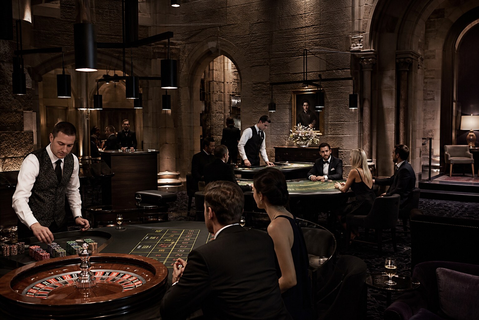 The richly lit Casino within the Edinburgh stone hotel