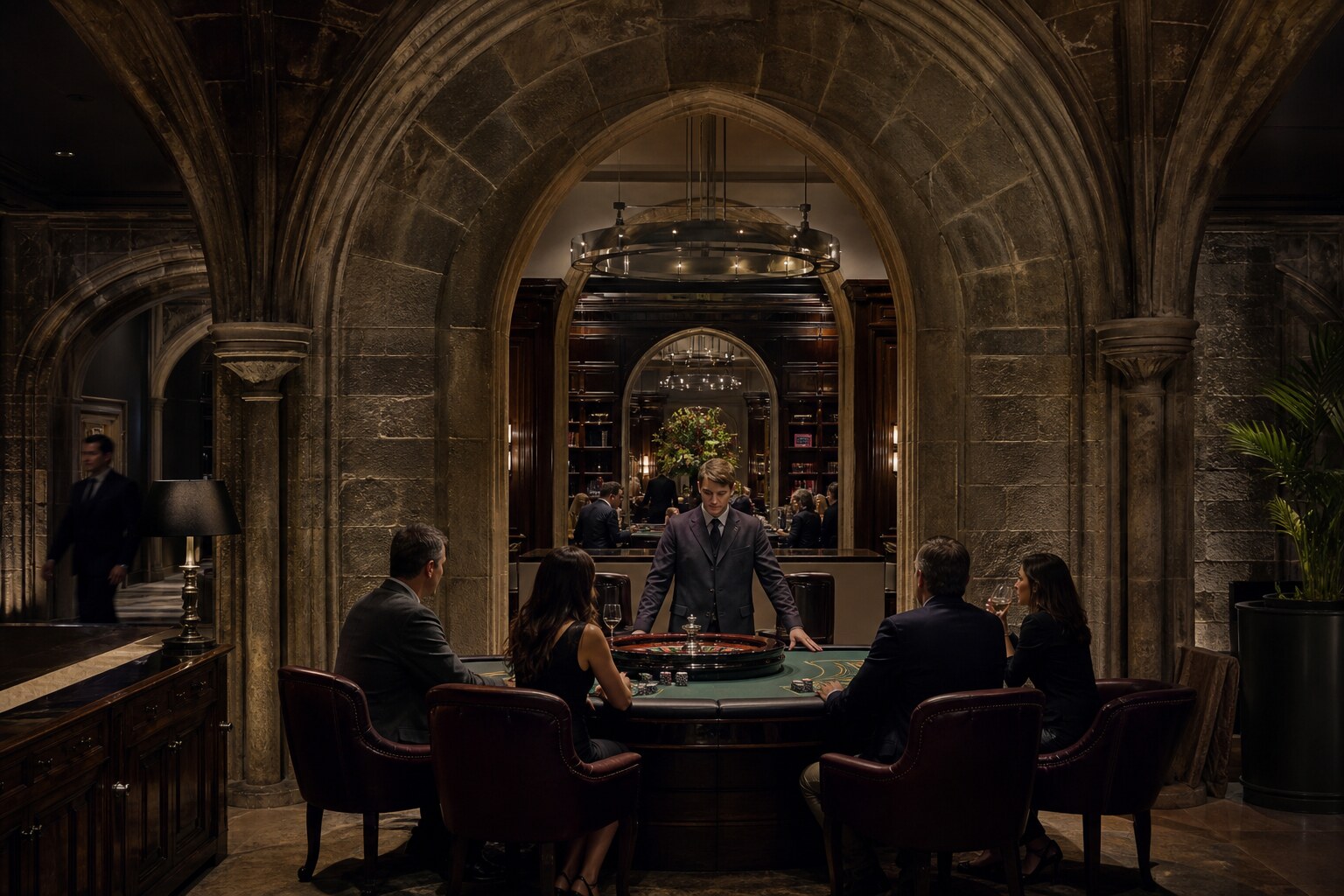 Casino tables beneath the historic arches of the Stone Hall