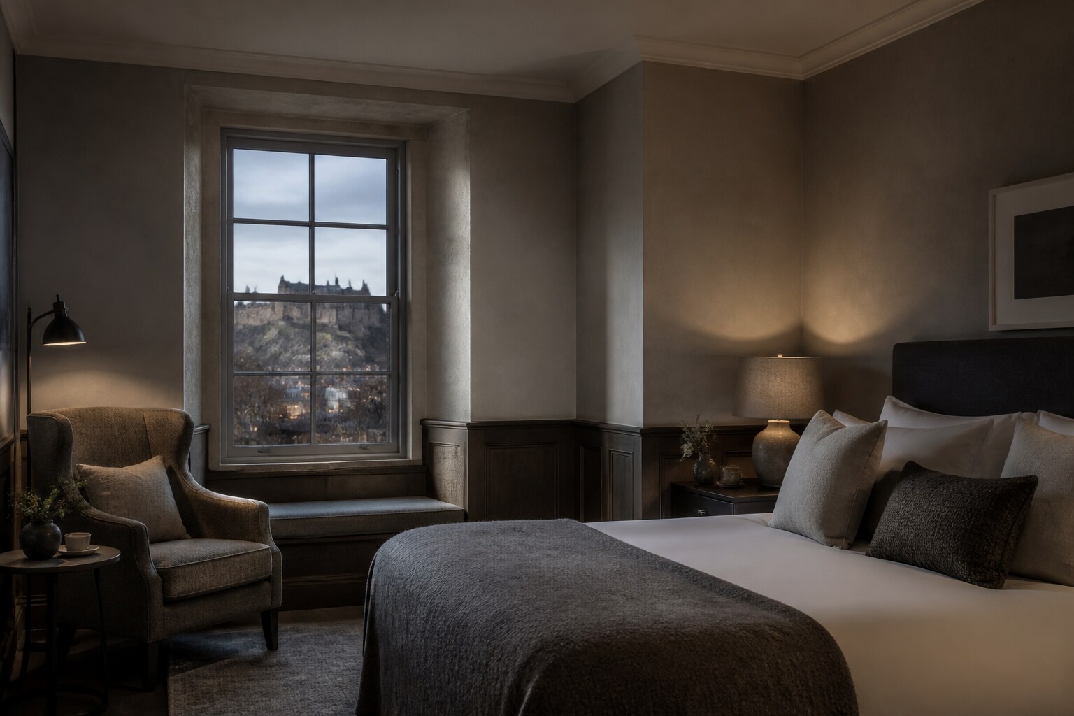 Muted neutral guest room with a view towards Edinburgh Castle